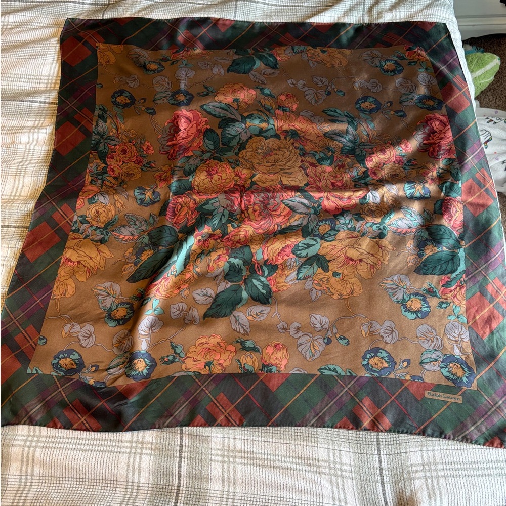 Polo Ralph Lauren Floral Plaid Border Silk Scarf - Brown, Green, Coral